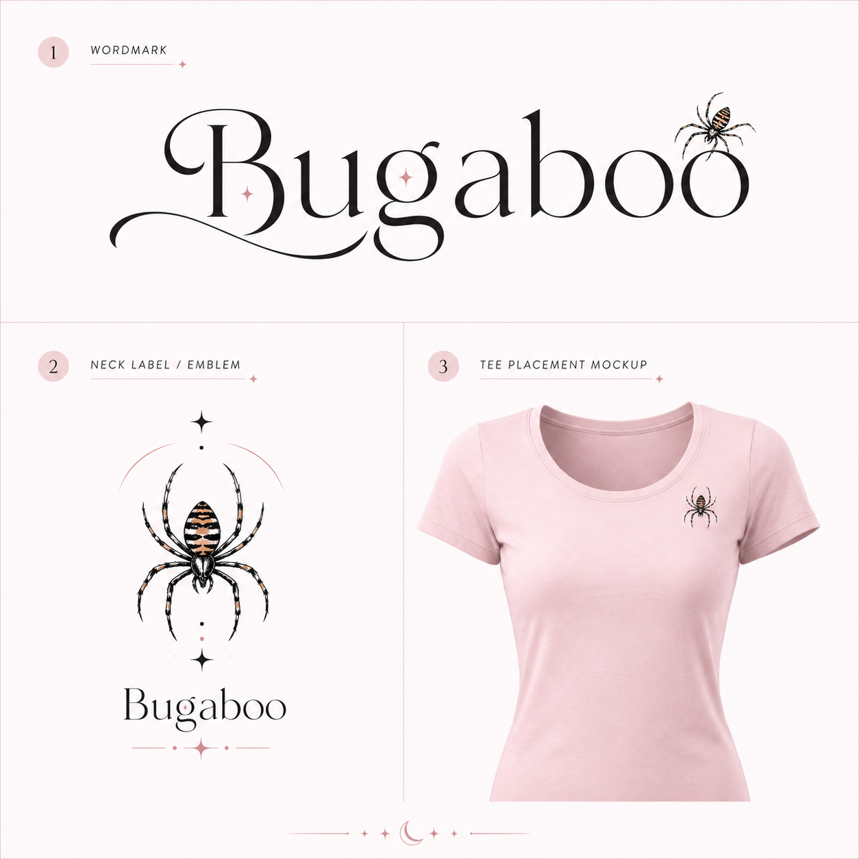 Bugaboo Threads concept board with wordmark, spider emblem, and tee placement mockup