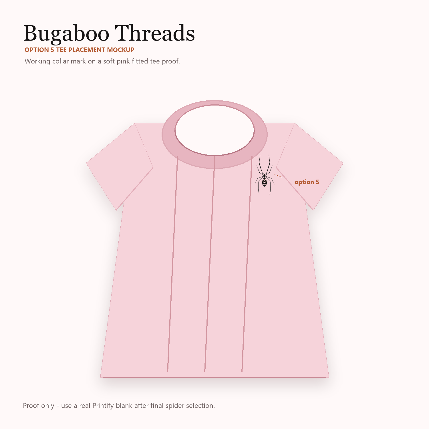 Pink Bugaboo Threads tee proof with a tiny tiger-striped spider near the collar