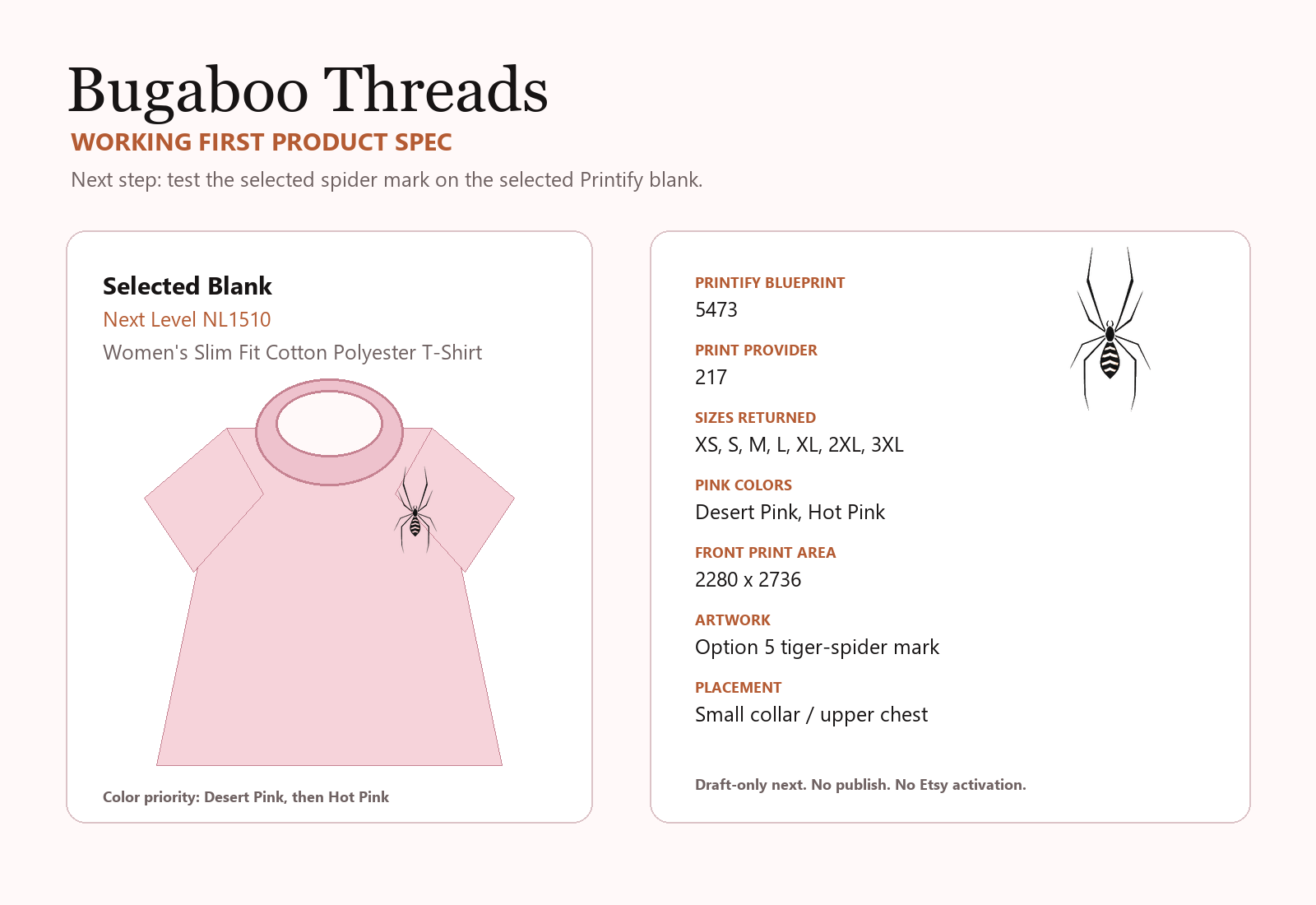 Bugaboo Threads working first product spec with selected Printify blank and option 5 artwork