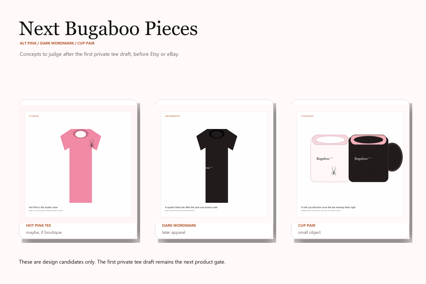 Bugaboo Threads next product wave board with hot pink tee, dark wordmark tee, and cup concepts