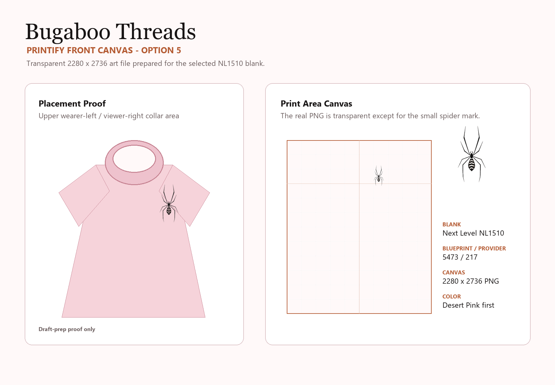 Bugaboo Threads Printify front canvas proof for option 5 spider mark