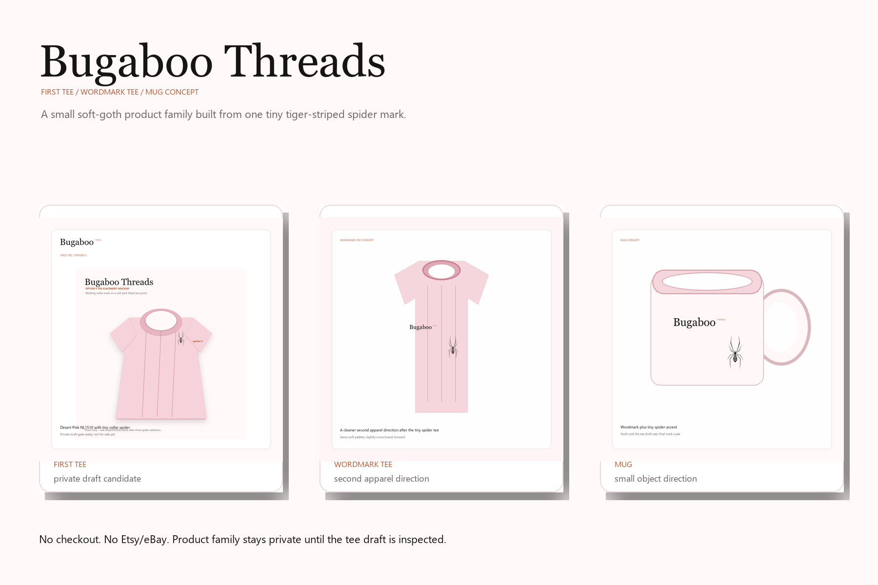 Bugaboo Threads product family concept board with first tee, wordmark tee, and mug concept